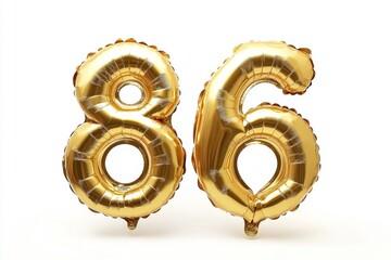 Number 86 golden inflatable foil balloons. Bright party decoration. Eighty six years on white background
