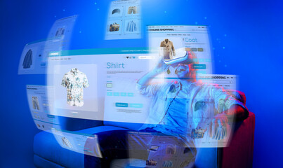 Caucasian man choosing and selecting product for shopping list while wearing visual reality goggles. Skilled person sitting at sofa with shopping bags while using VR glasses. Technology. Deviation.