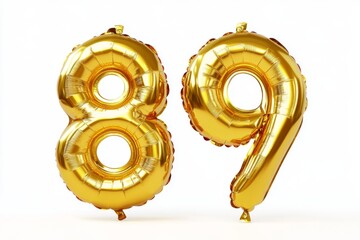 Number 89 golden inflatable foil balloons. Bright party decoration. Eighty nine years on white background