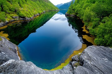 Lake with a smooth, glassy surface, captured in a photo where the reflection is so clear, itâ€™s like a mirror image