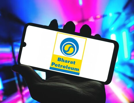 Photo illustration of the Bharat Petroleum logo is displayed on a smartphone screen, Brazil August 28, 2024