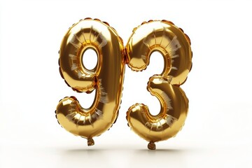 Number 93 golden inflatable foil balloons. Bright party decoration. Ninety three years on white background