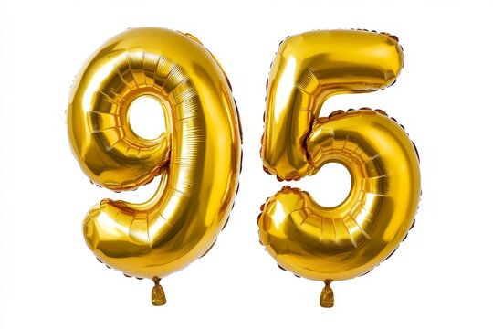 Number 95 golden inflatable foil balloons. Bright party decoration. Ninety five years on white background