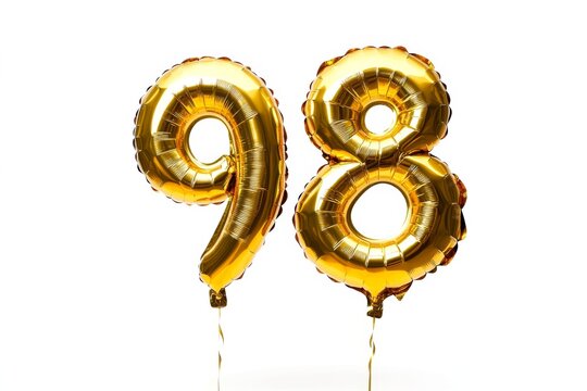 Number 98 golden inflatable foil balloons. Bright party decoration. Ninety eight years on white background