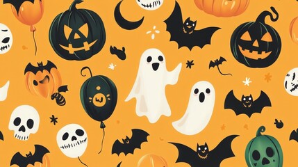 A vibrant Halloween-themed illustration featuring ghosts, pumpkins, bats, and skulls.