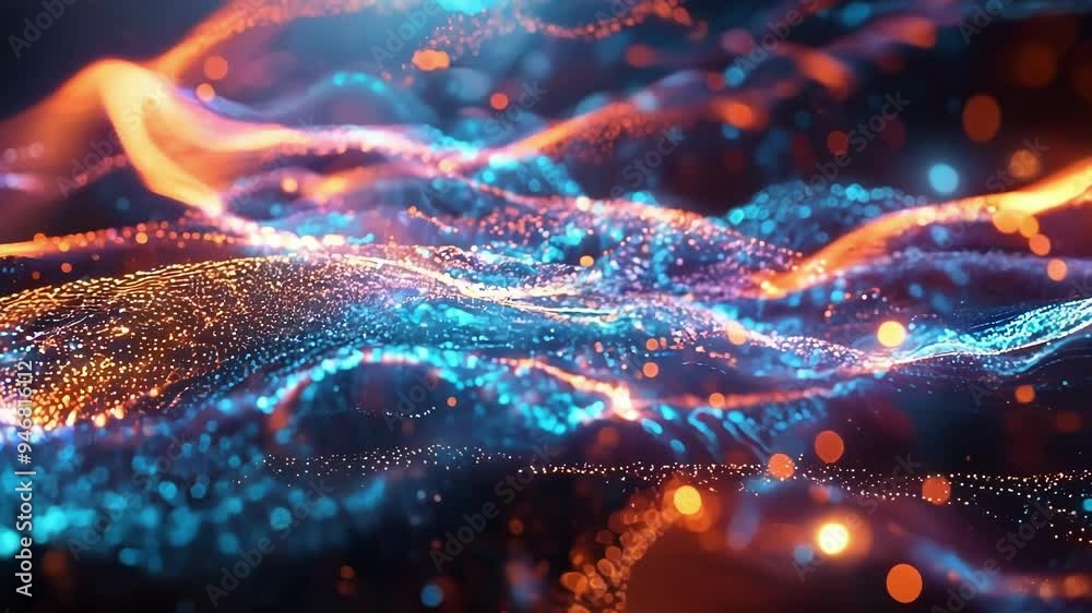 Poster abstract background with a stream of wavy lines from illuminated particles flowing and glowing again
