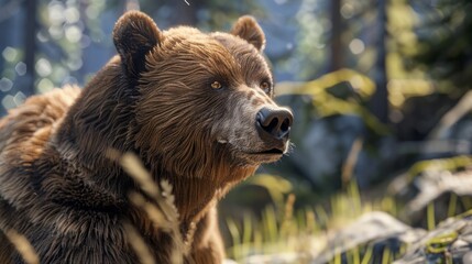 Obraz premium Bear close-up with a natural landscape generative ai