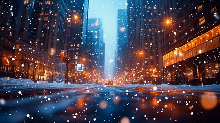 Fototapeta premium A picturesque winter evening in the city with gently falling snowflakes, glowing street lights, and cars driving on snowy roads
