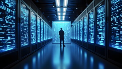 Data center full of server racks. High-tech infrastructure, cybersecurity, and professional IT management. Specialist keeps an eye on data security