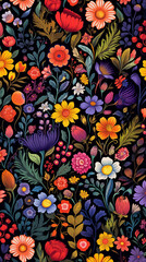 Beautiful romantic floral background with colorful flowers on black background