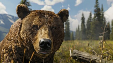 Fototapeta premium Bear close-up with a natural landscape generative ai