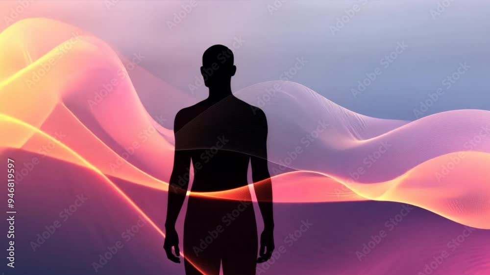 Poster a man is standing in front of a wave of pink and orange colors. concept of movement and energy, as i