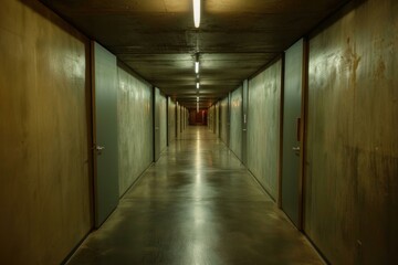 Long, dark corridor with doors on either side leading to an unknown destination