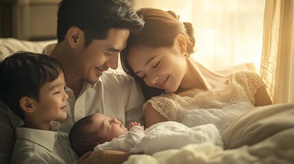 Fototapeta premium A photo capturing a tender moment of a family with a newborn, parents and siblings adoring the baby at home.