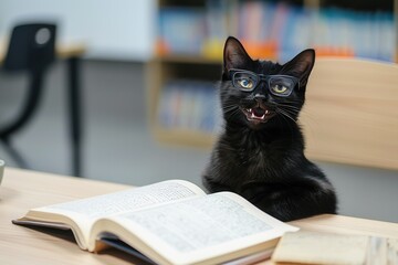 Cute black kitten wearing glasses and smiling, while sitting at a desk with an open book in a classroom.