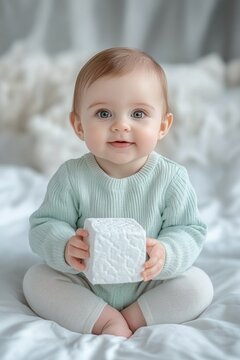 baby girl 6 months old with a big cube in her hands, isolated on white background