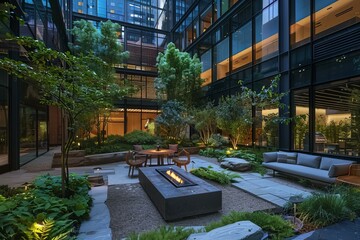 Serene courtyard provides a tranquil escape amidst the bustling city, featuring lush greenery, comfortable seating, and a mesmerizing fire pit