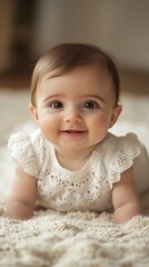 cute 3 month baby girl with little brown hair and brown eyes on her hands and knees smiling, shallow depth of field, isolated on white background
