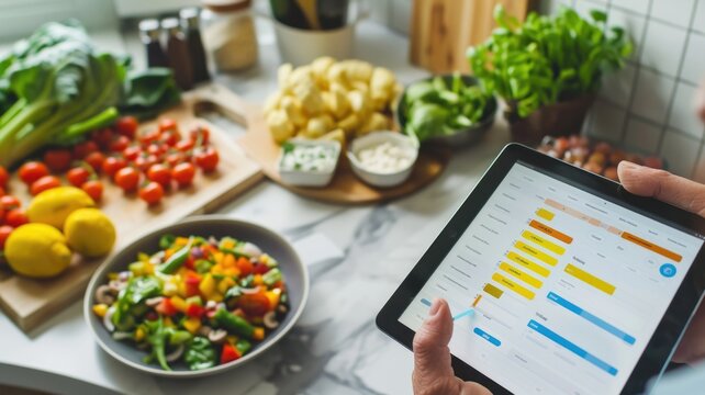 diet software interface on a tablet screen, highlighting a custom meal plan with nutrient analysis