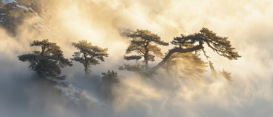 Silhouettes of Trees Emerging from Mist in a Golden Sunrise