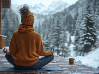 A serene winter wellness retreat scene with a woman practicing yoga on a deck, surrounded by snow-covered nature
