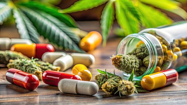 A blurred background of various cannabis strains and prescription pills, highlighting the controversy between medical marijuana and traditional pharmaceutical medication.