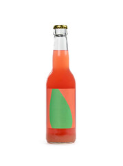 A vibrant soda bottle featuring a striking green label is displayed on a clean, white surface, enticing thirst and curiosity
