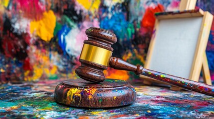 A gavel lies on a colorful table covered in paint. This image represents the intersection of law and creativity. It showcases a unique artistic style and purpose. AI