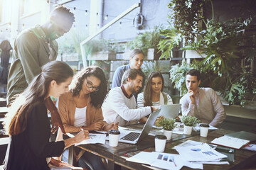 Teamwork, documents and business people with laptop for planning, brainstorming and meeting....