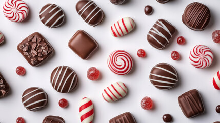 assorted gourmet chocolates and peppermint candies on white background