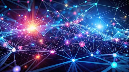 Fototapeta premium Abstract futuristic illustration of interconnected nodes and pulsing lines forming a complex digital network, symbolizing modern communication and information exchange.