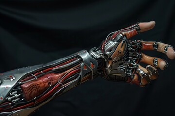 Cybernetic arm with exposed muscles and wires is shown reaching out against a black background