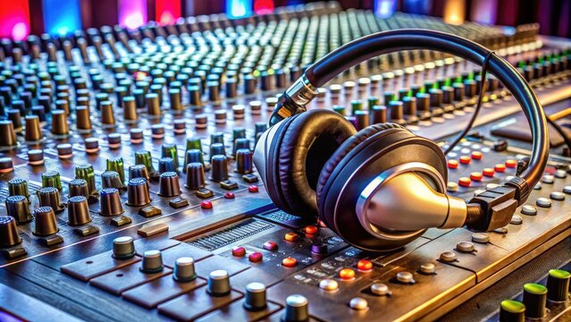 A close-up of a mixing board with various knobs and sliders, surrounded by headphones, microphones, and cables, capturing the essence of sound production.