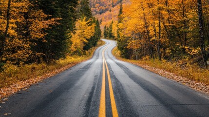 Fototapeta premium Winding Asphalt Road Through a Forest of Autumn Colors