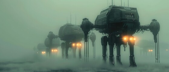 Scifi espionage scenario with cybernetic war drones emerging in dense fog