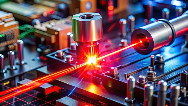 A close-up view of a high-powered laser diode emitting a bright red beam through a microscope lens, surrounded by electronic components and wires.