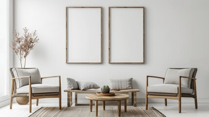 A minimalist living room with two chairs, a table, and empty frames on the wall.