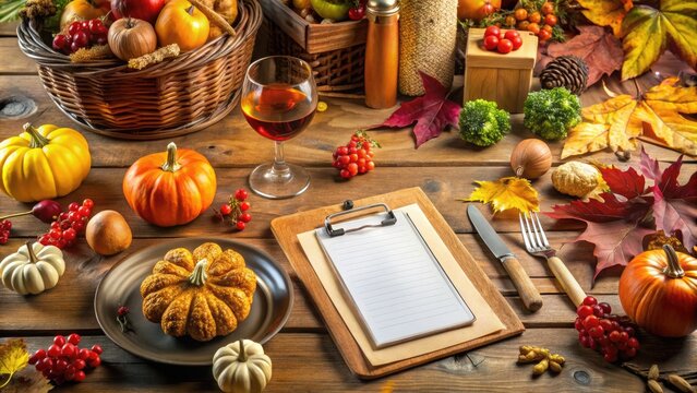 A colorful autumnal table setting with a clipboard featuring a comprehensive Thanksgiving dinner checklist, surrounded by seasonal decorations and a warm, inviting ambiance.