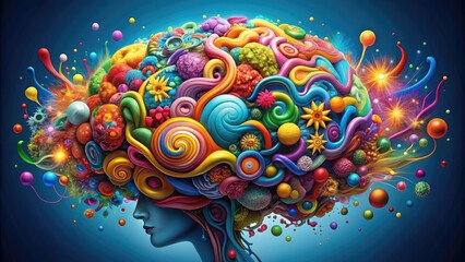 Fototapeta premium A colorful explosion of thoughts and emotions inside a human brain, represented as a whimsical mix of bold, expressive symbols and vibrant, swirling patterns.