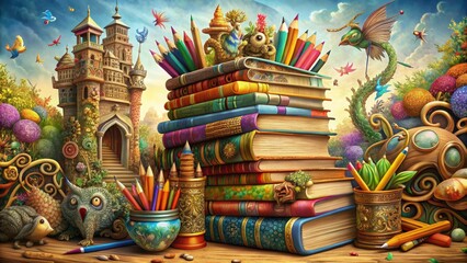 Fototapeta premium A colorful illustration of a whimsical stack of old books, adorned with fantastical creatures and intricate patterns, surrounded by scattered pencils and papers.