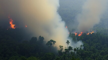 A vast forest is consumed by intense flames, with trees and vegetation being swallowed by the fire, resembling the amazon rainforest