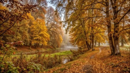 Obraz premium Ethereal misty autumn morning in forest with golden foliage and winding path