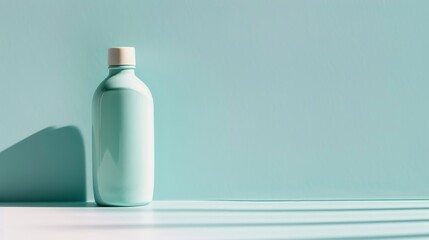 The elegant aqua blue bottle, with its natural wood cap, is positioned against a pastel wall, creating a calm aesthetic while casting soft shadows on the surface