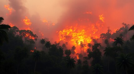 Fototapeta premium A vast forest is consumed by intense flames, with trees and vegetation being swallowed by the fire, resembling the amazon rainforest