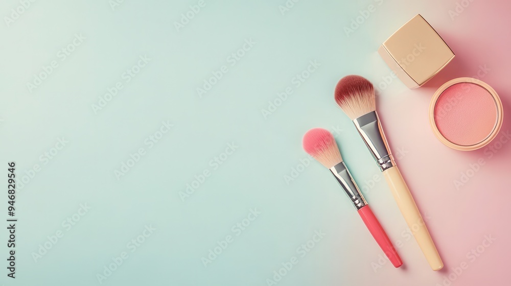 Poster a minimal setup of lipstick, makeup brushes, and powder is neatly arranged on a soft light backgroun