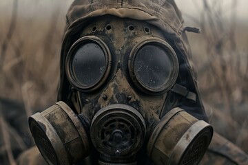 Soldier is standing in a smoky war zone, wearing a very old and worn gas mask