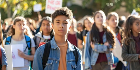 roup of students protesting against school discrimination, holding signs and banners