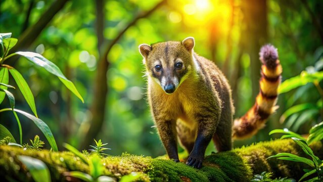 A curious coati with a bushy tail and pointed snout explores a scenic forest floor, surrounded by vibrant green foliage and dappled sunlight.