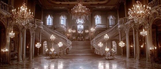 A Grand Staircase in a Luxurious Palace with Ornate Chandeliers