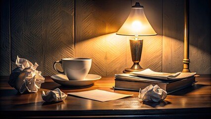 A dimly lit room with scattered papers, an empty coffee cup, and a lamp with a low-wattage bulb convey a sense of exhaustion and lethargy.